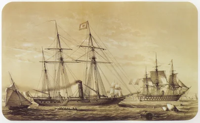 La Reine Hortense, yacht imperiale di Napoleone III. La nave da linea Austerlitz può essere vista sullo sfondo